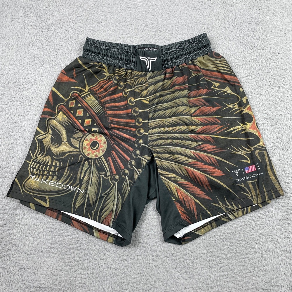 Takedown Wrestling Shorts Mens Medium Black Graphic Skull Headdress MMA Combat